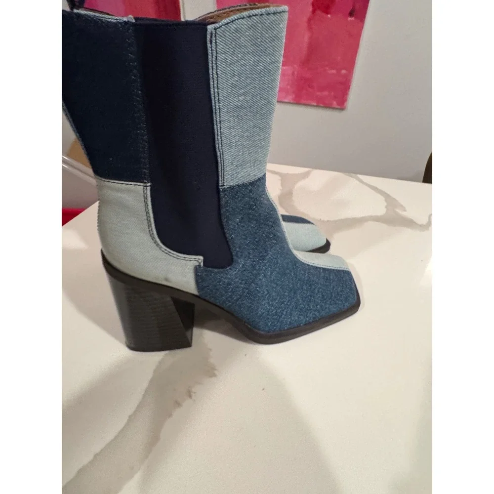 Circus by Sam Edelman Patchwork Denim Square Toe Block Heel Ankle Boots Blue 8